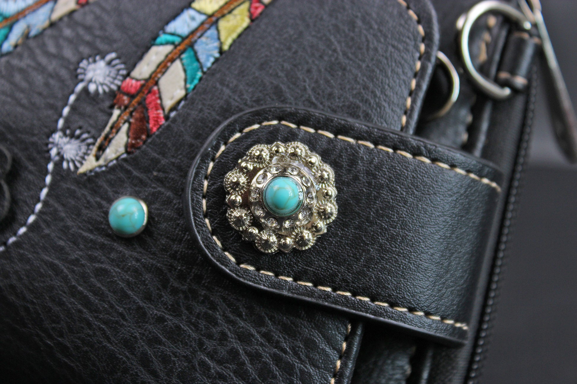 The Cherokee Purse - small black and silver western cowgirl style purse wallet, intricate detailing with adjustable strap & magnetic clasp