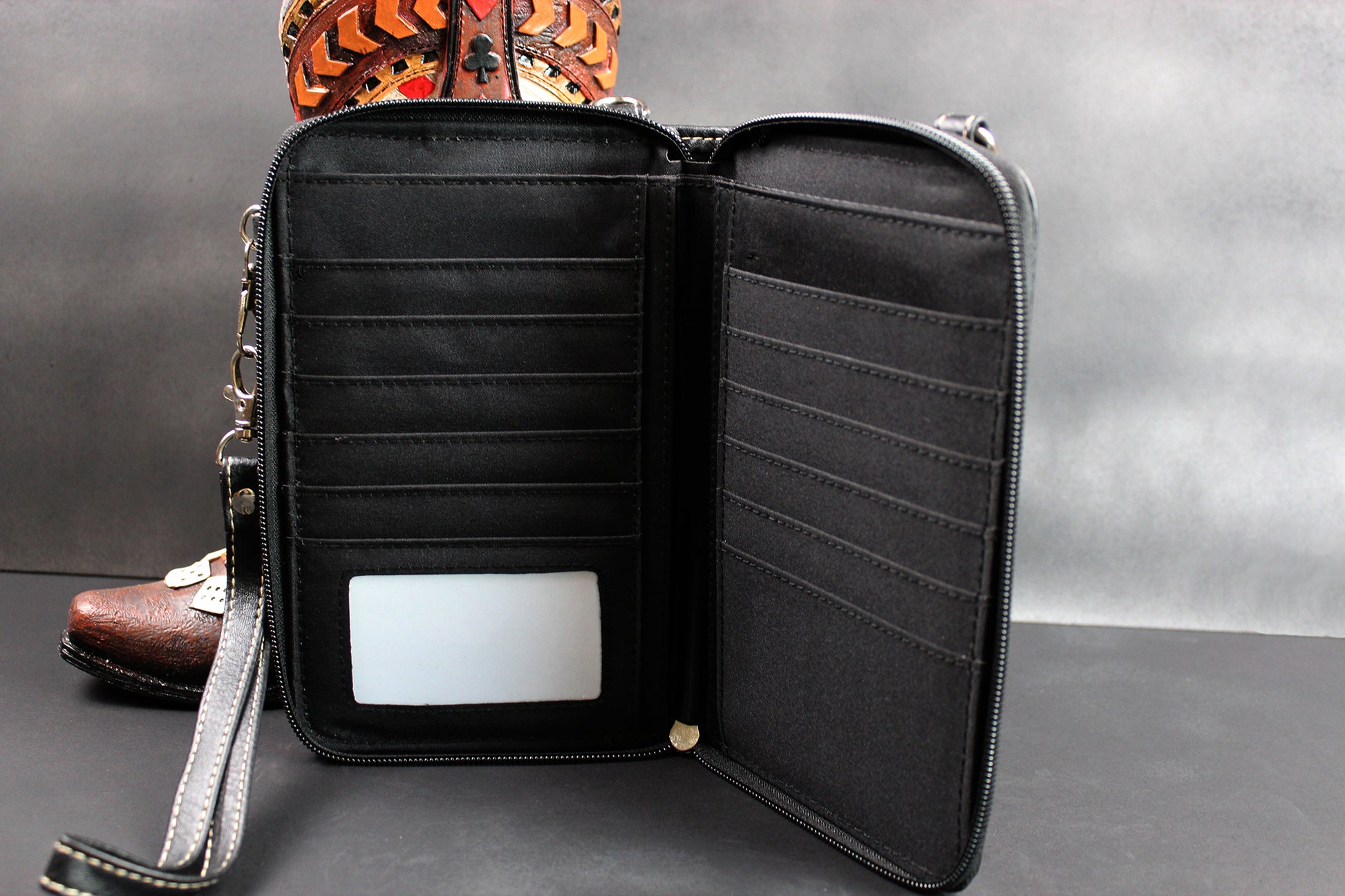 The Cherokee Purse - small black and silver western cowgirl style purse wallet, intricate detailing with adjustable strap & magnetic clasp