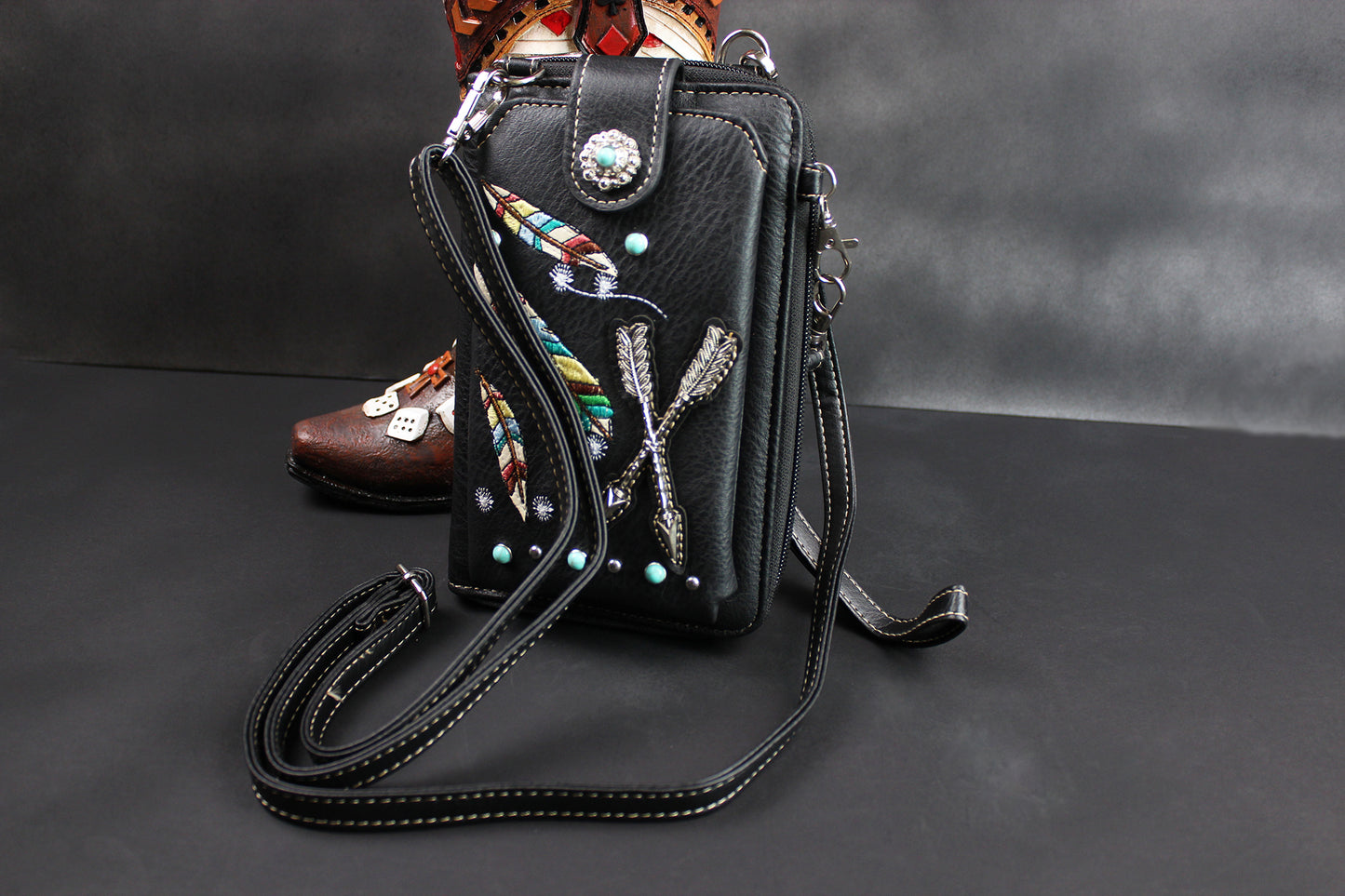 The Cherokee Purse - small black and silver western cowgirl style purse wallet, intricate detailing with adjustable strap & magnetic clasp