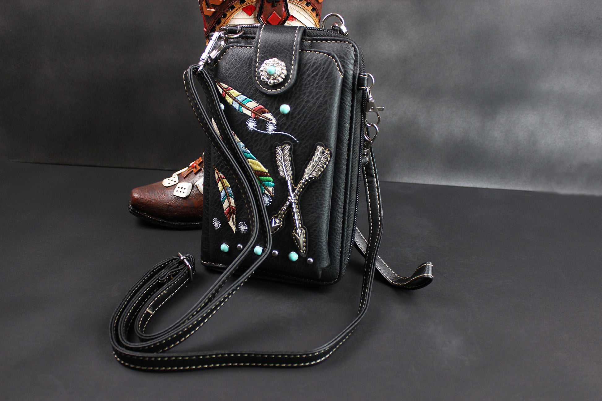 The Cherokee Purse - small black and silver western cowgirl style purse wallet, intricate detailing with adjustable strap & magnetic clasp