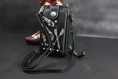 The Cherokee Purse - small black and silver western cowgirl style purse wallet, intricate detailing with adjustable strap & magnetic clasp