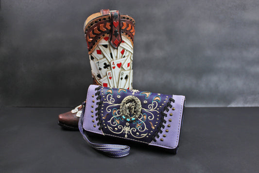 The Wyoming Purse - purple turquoise and silver western cowgirl style purse wallet intricate detailing with adjustable strap