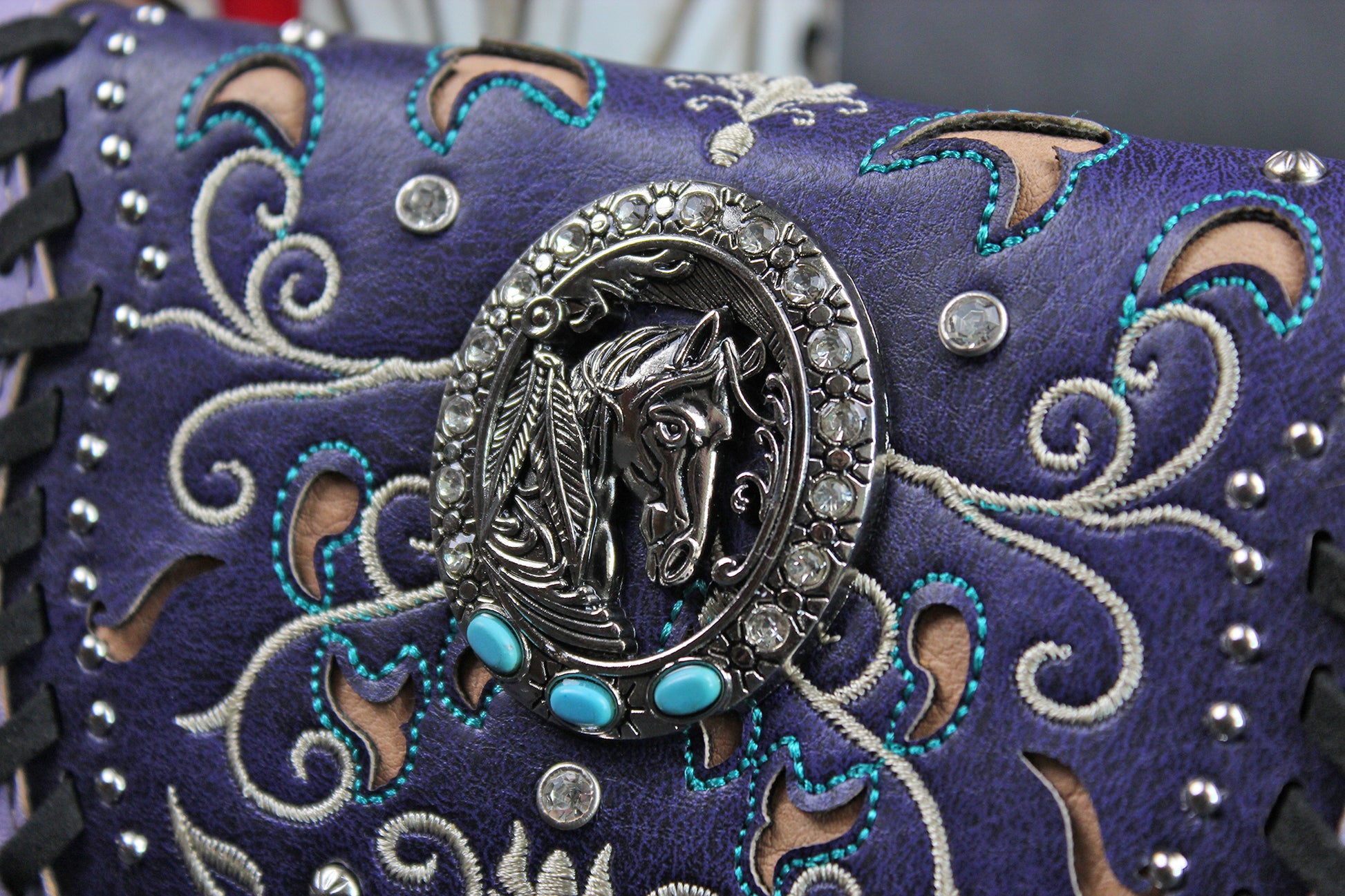 The Wyoming Purse - purple turquoise and silver western cowgirl style purse wallet intricate detailing with adjustable strap