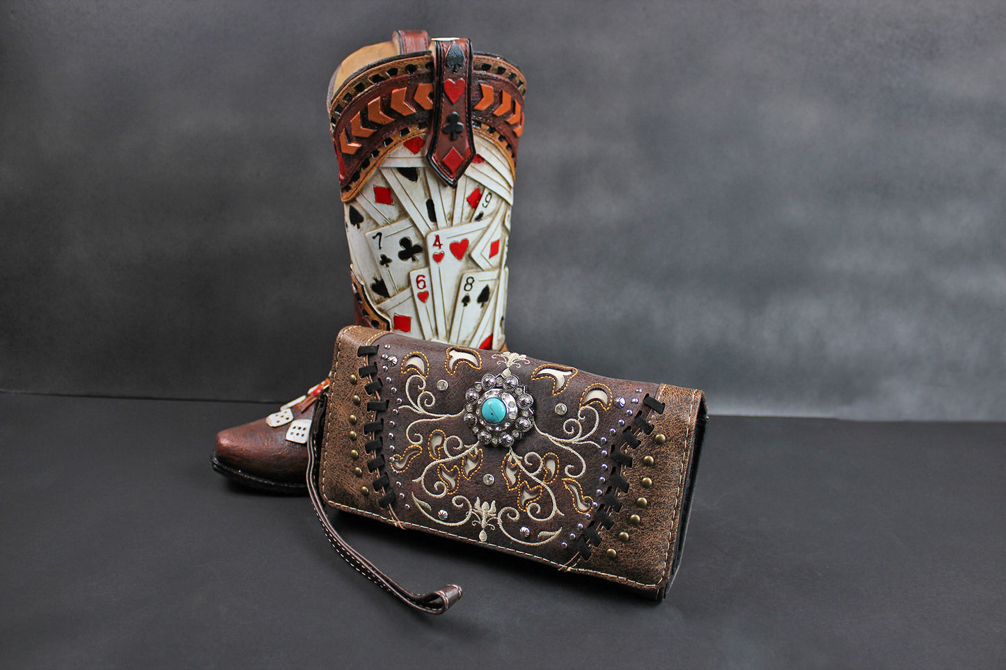 The Savannah Purse - small brown and silver western cowgirl style purse wallet, intricate detailing with adjustable strap & magnetic clasp