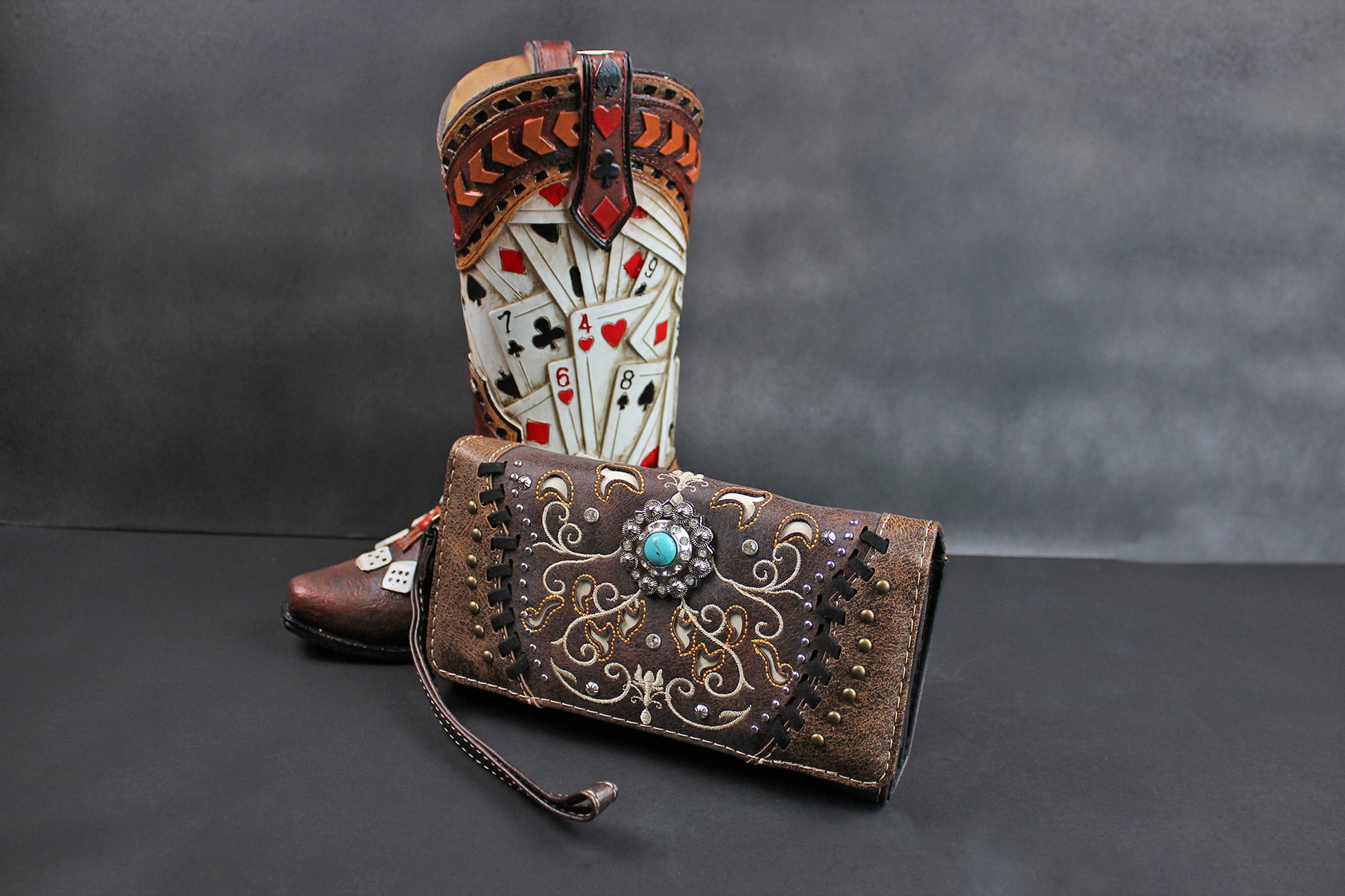 The Savannah Purse - small brown and silver western cowgirl style purse wallet, intricate detailing with adjustable strap & magnetic clasp