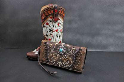The Savannah Purse - small brown and silver western cowgirl style purse wallet, intricate detailing with adjustable strap & magnetic clasp