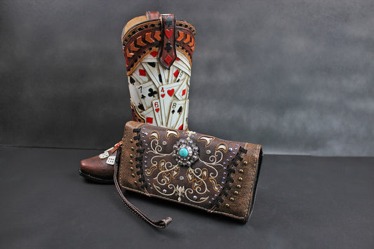 The Savannah Purse - small brown and silver western cowgirl style purse wallet, intricate detailing with adjustable strap & magnetic clasp