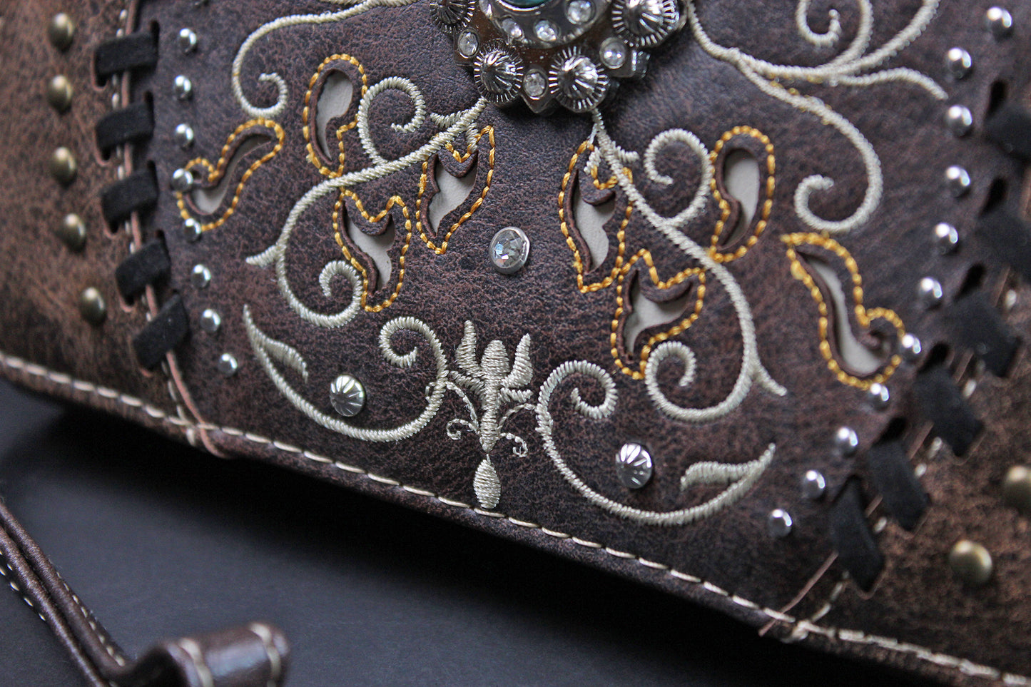 The Savannah Purse - small brown and silver western cowgirl style purse wallet, intricate detailing with adjustable strap & magnetic clasp