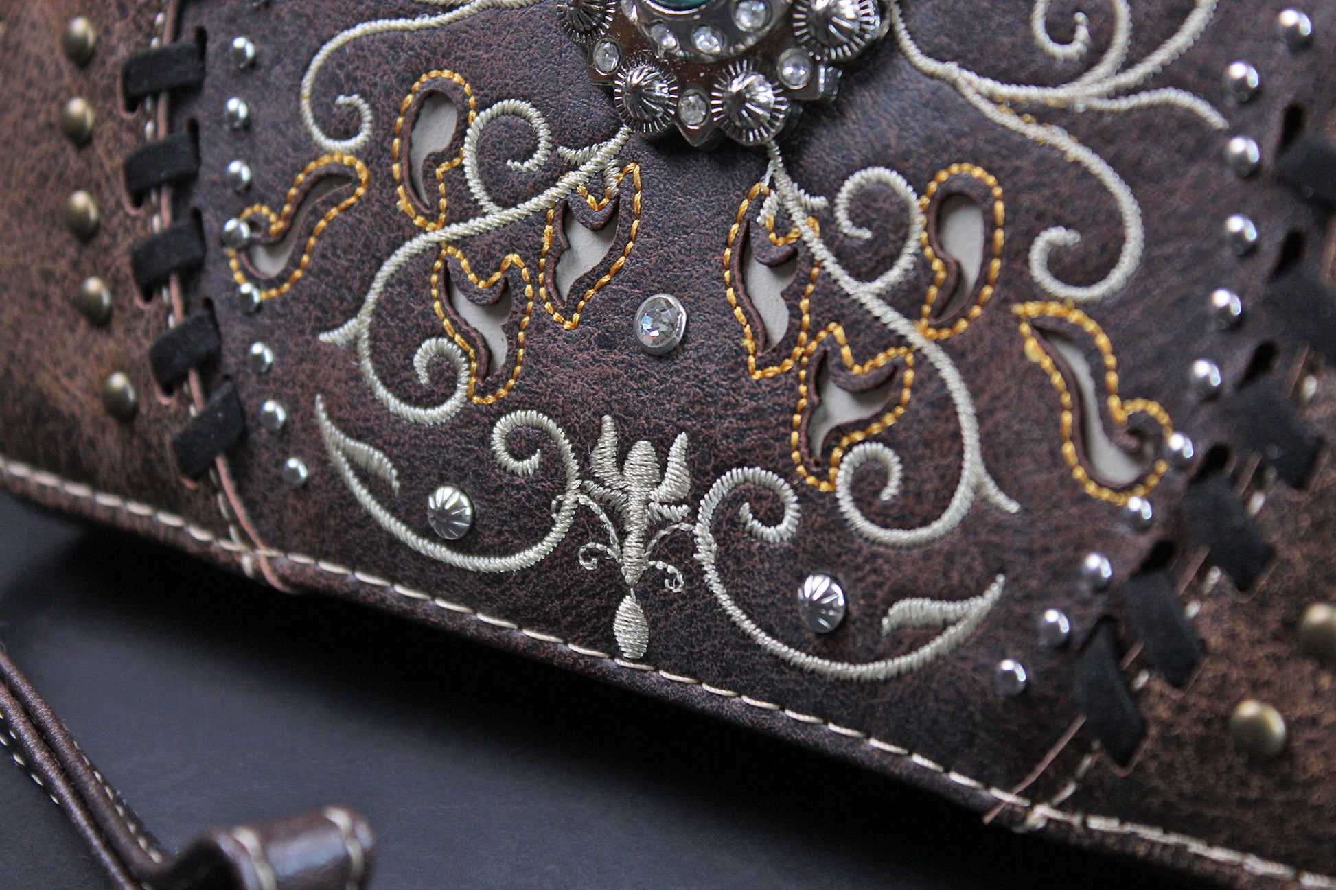 The Savannah Purse - small brown and silver western cowgirl style purse wallet, intricate detailing with adjustable strap & magnetic clasp