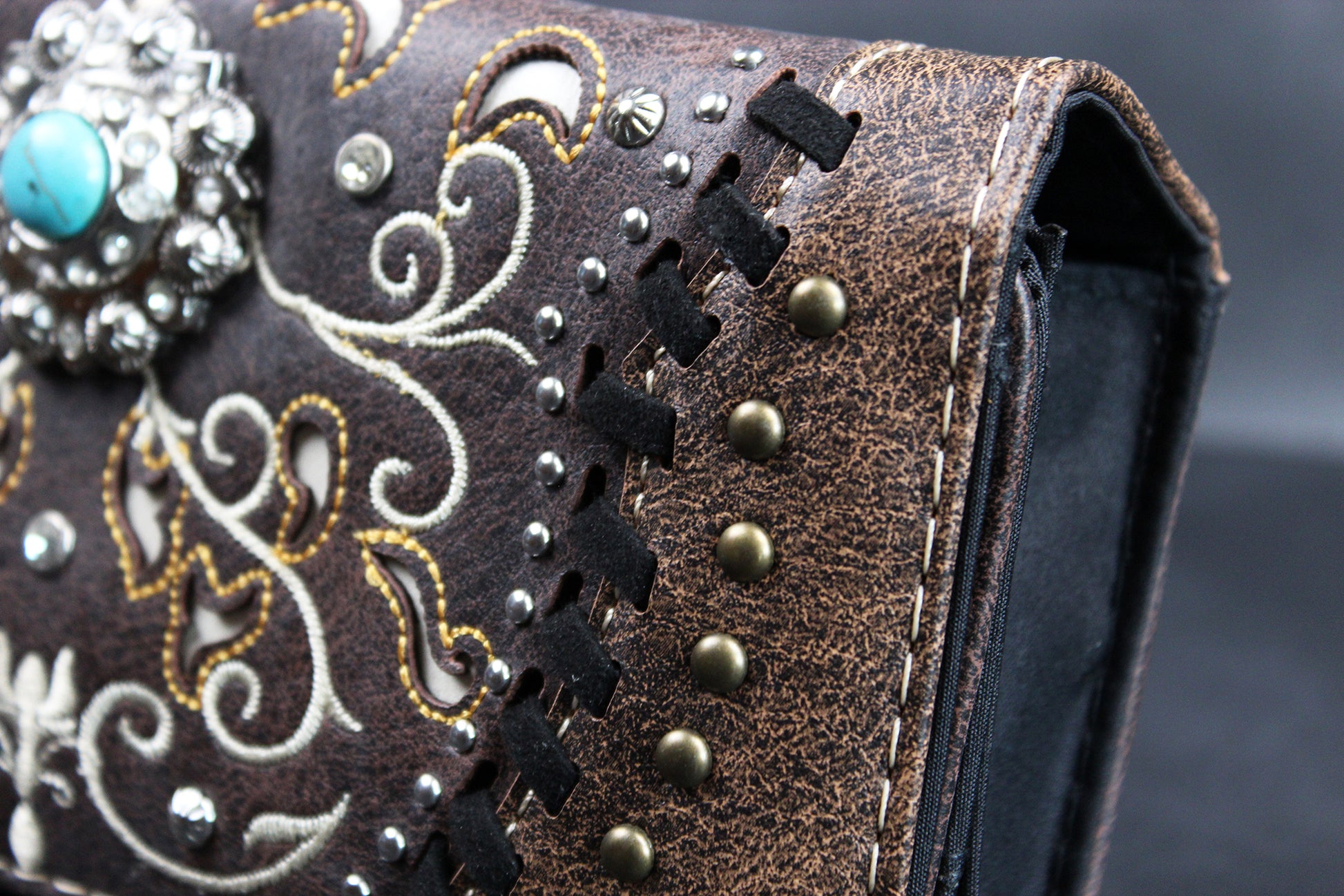 The Savannah Purse - small brown and silver western cowgirl style purse wallet, intricate detailing with adjustable strap & magnetic clasp