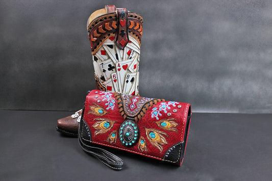 The Houston Purse - small red and silver western cowgirl style purse wallet, intricate detailing with adjustable strap & magnetic clasp