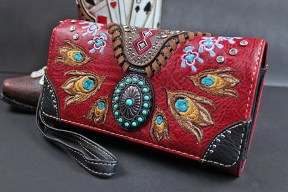 The Houston Purse - small red and silver western cowgirl style purse wallet, intricate detailing with adjustable strap & magnetic clasp