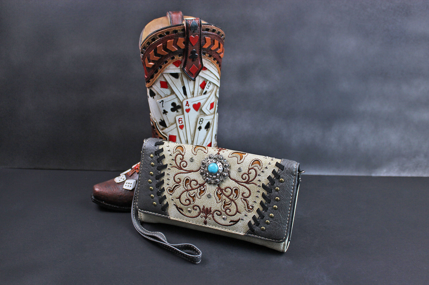 The Oklahoma Purse - small red and silver western cowgirl style purse wallet, intricate detailing with adjustable strap & magnetic clasp