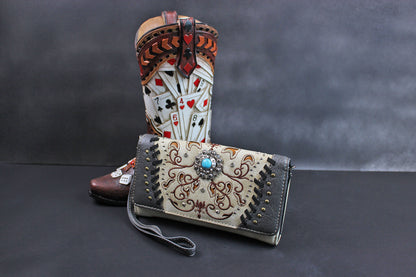 The Oklahoma Purse - small red and silver western cowgirl style purse wallet, intricate detailing with adjustable strap & magnetic clasp