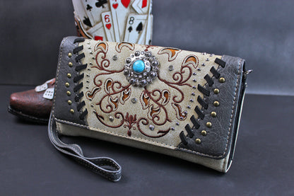 The Oklahoma Purse - small red and silver western cowgirl style purse wallet, intricate detailing with adjustable strap & magnetic clasp