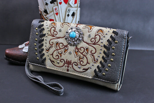 The Oklahoma Purse - small red and silver western cowgirl style purse wallet, intricate detailing with adjustable strap & magnetic clasp