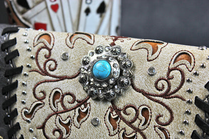 The Oklahoma Purse - small red and silver western cowgirl style purse wallet, intricate detailing with adjustable strap & magnetic clasp