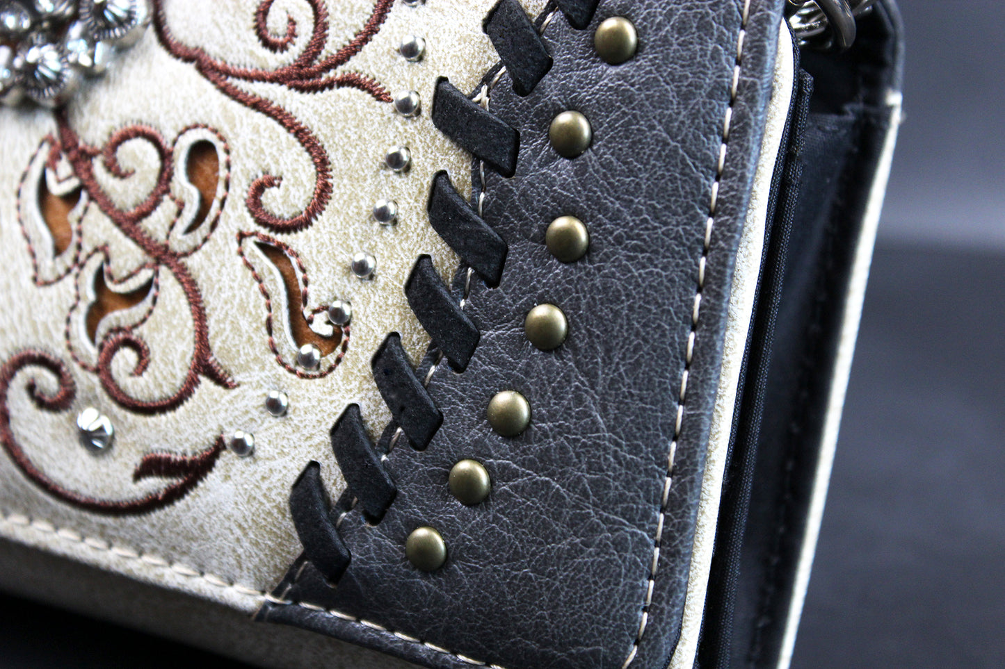 The Oklahoma Purse - small red and silver western cowgirl style purse wallet, intricate detailing with adjustable strap & magnetic clasp