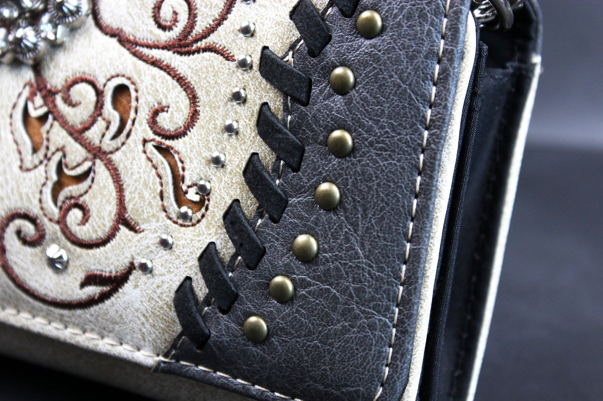 The Oklahoma Purse - small red and silver western cowgirl style purse wallet, intricate detailing with adjustable strap & magnetic clasp
