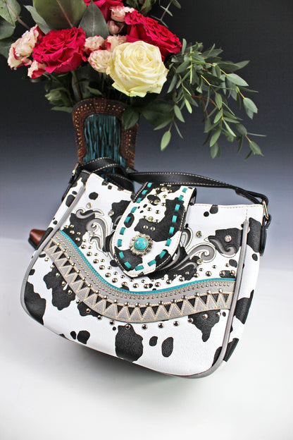 The Dallas Shoulder Bag - cowhide pattern western cowgirl style bag with intricate detailing with turquoise accents & an internal zip pocket