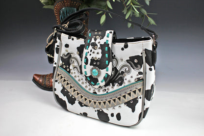 The Dallas Shoulder Bag - cowhide pattern western cowgirl style bag with intricate detailing with turquoise accents & an internal zip pocket