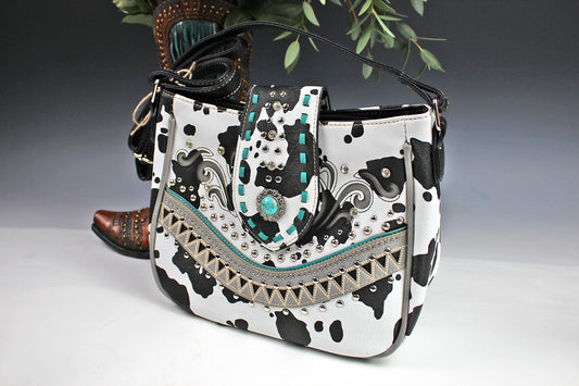 The Dallas Shoulder Bag - cowhide pattern western cowgirl style bag with intricate detailing with turquoise accents & an internal zip pocket
