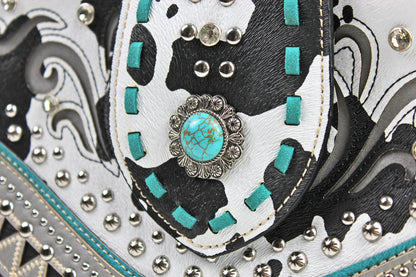 The Dallas Shoulder Bag - cowhide pattern western cowgirl style bag with intricate detailing with turquoise accents & an internal zip pocket
