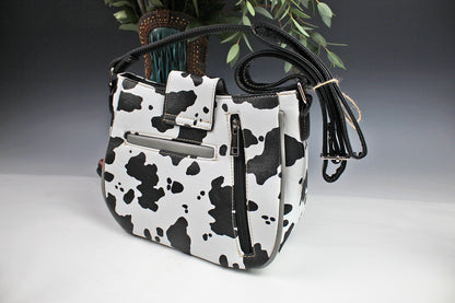 The Dallas Shoulder Bag - cowhide pattern western cowgirl style bag with intricate detailing with turquoise accents & an internal zip pocket