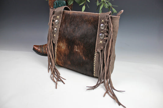 The Arizona Handbag - brown leather suede western cowgirl style handbag with tassel fringe and internal zip pocket
