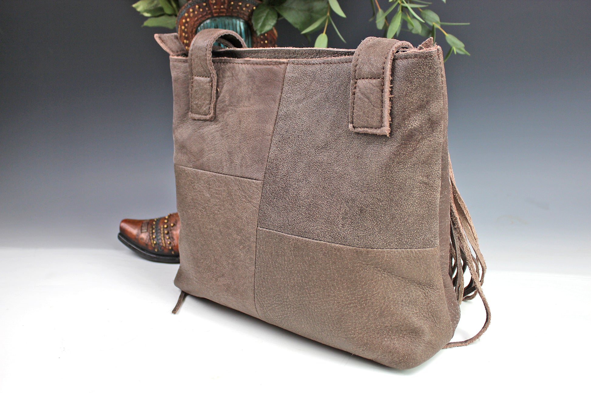 The Arizona Handbag - brown leather suede western cowgirl style handbag with tassel fringe and internal zip pocket