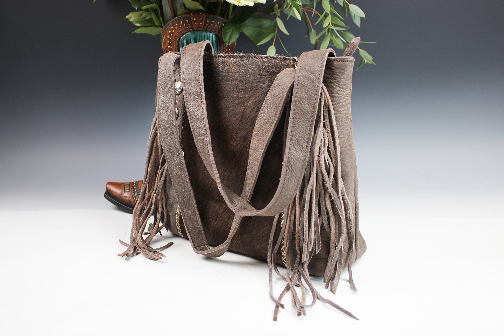 The Arizona Handbag - brown leather suede western cowgirl style handbag with tassel fringe and internal zip pocket
