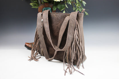The Arizona Handbag - brown leather suede western cowgirl style handbag with tassel fringe and internal zip pocket