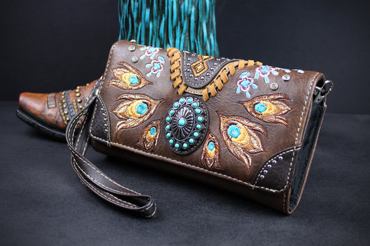 Western Cowgirl Clutch Wallet: Brown Turquoise PU Leather Purse with stitched detailing turquoise concho