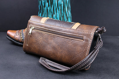 Western Cowgirl Clutch Wallet: Brown Turquoise PU Leather Purse with stitched detailing turquoise concho