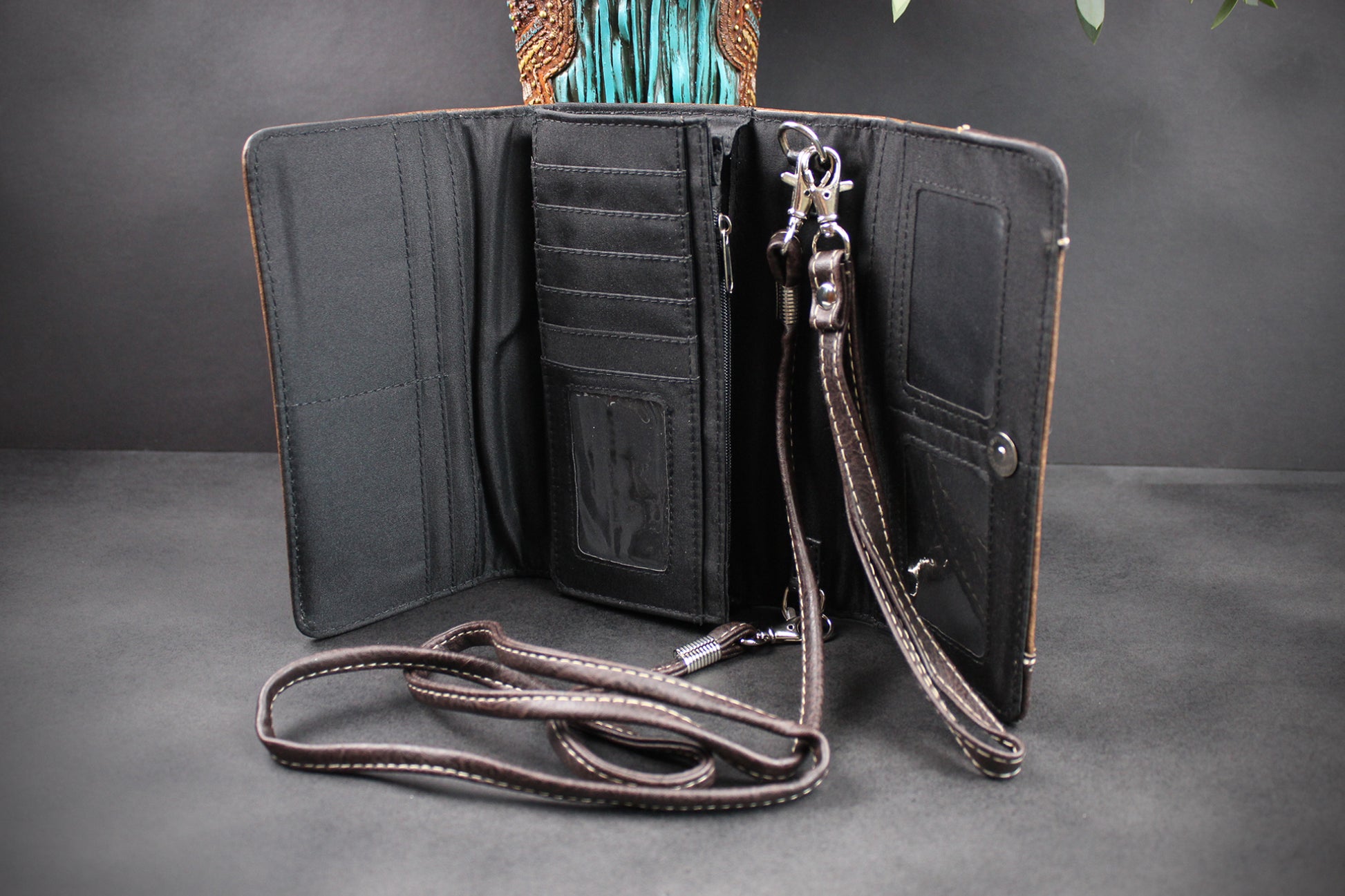 Western Cowgirl Clutch Wallet: Brown Turquoise PU Leather Purse with stitched detailing turquoise concho