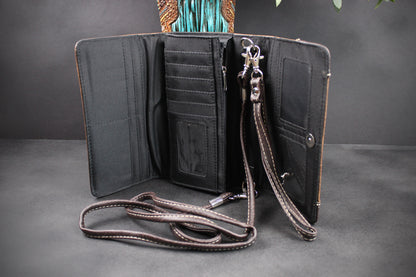 Western Cowgirl Clutch Wallet: Brown Turquoise PU Leather Purse with stitched detailing turquoise concho