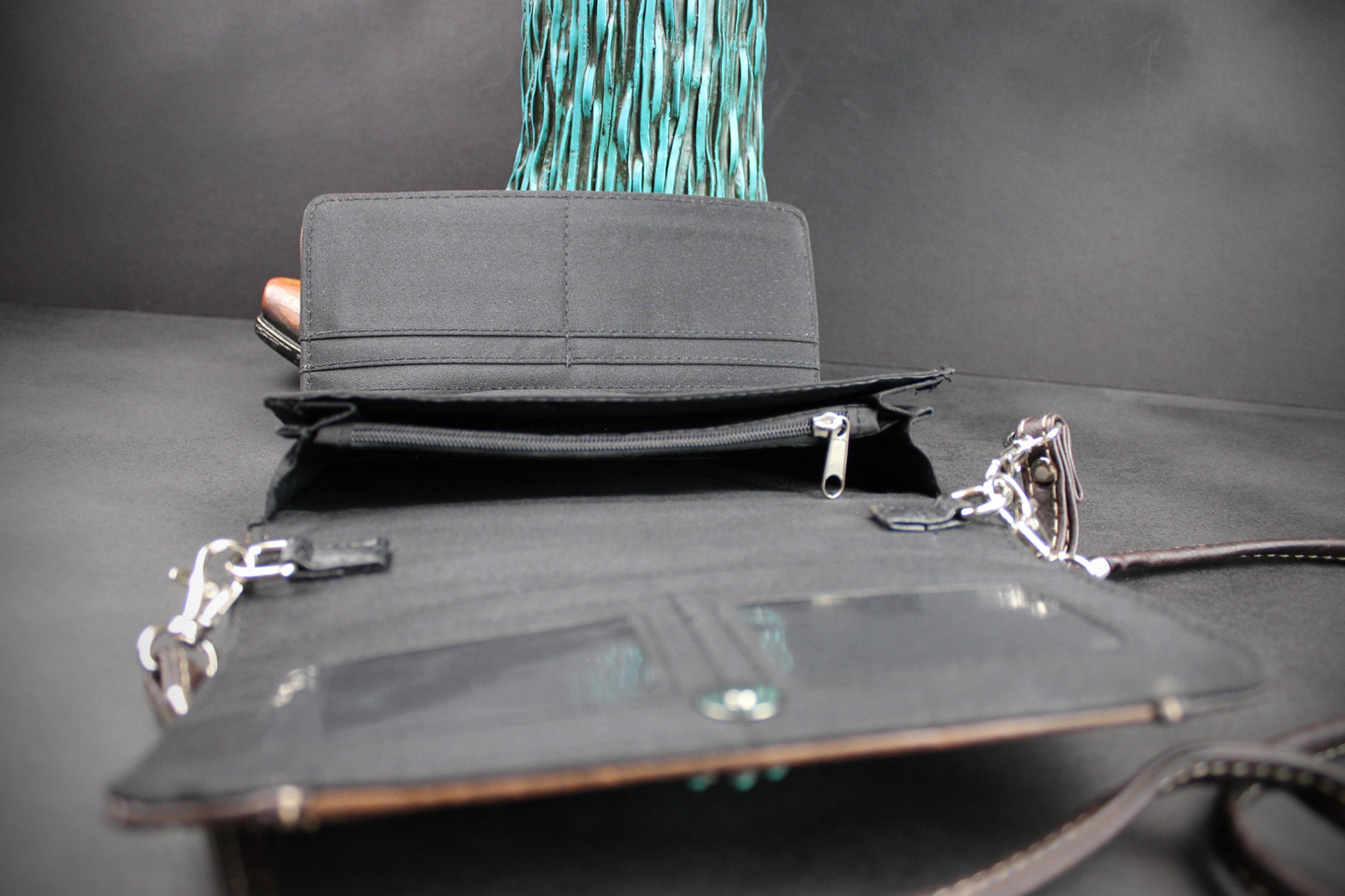 Western Cowgirl Clutch Wallet: Brown Turquoise PU Leather Purse with stitched detailing turquoise concho