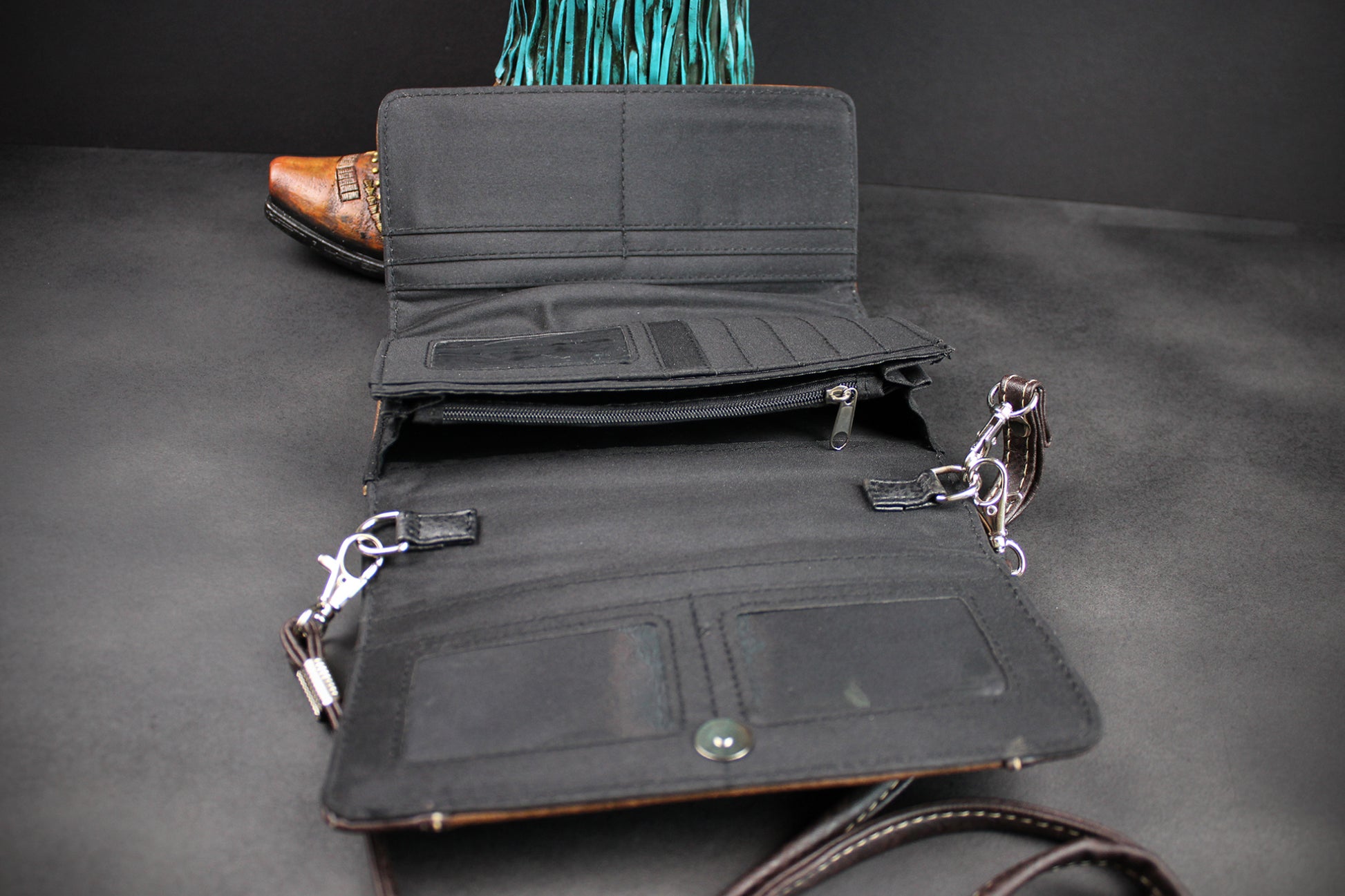 Western Cowgirl Clutch Wallet: Brown Turquoise PU Leather Purse with stitched detailing turquoise concho