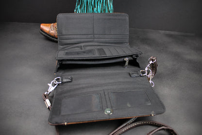 Western Cowgirl Clutch Wallet: Brown Turquoise PU Leather Purse with stitched detailing turquoise concho