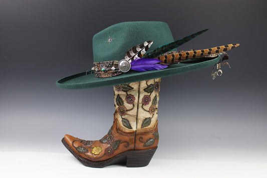 One Off Custom Fedora: Green Wool Felt Wide Brim Fedora Hat Paisley Band Size Medium 57cm