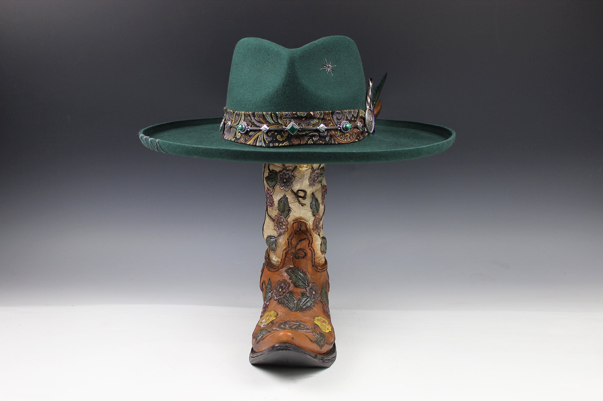 One Off Custom Fedora: Green Wool Felt Wide Brim Fedora Hat Paisley Band Size Medium 57cm