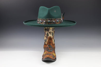 One Off Custom Fedora: Green Wool Felt Wide Brim Fedora Hat Paisley Band Size Medium 57cm