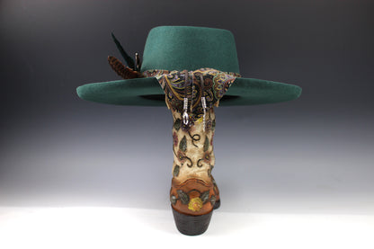 One Off Custom Fedora: Green Wool Felt Wide Brim Fedora Hat Paisley Band Size Medium 57cm