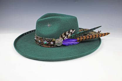One Off Custom Fedora: Green Wool Felt Wide Brim Fedora Hat Paisley Band Size Medium 57cm