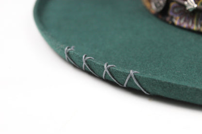 One Off Custom Fedora: Green Wool Felt Wide Brim Fedora Hat Paisley Band Size Medium 57cm