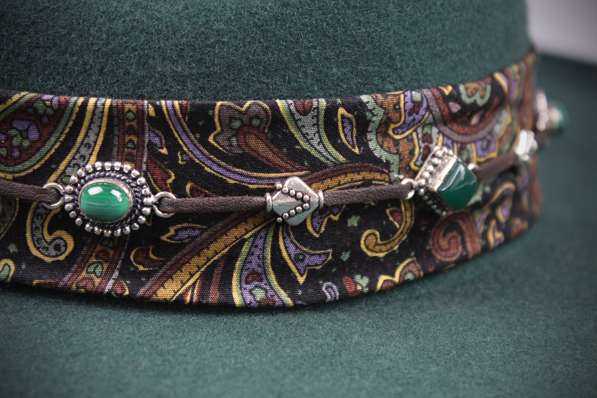 One Off Custom Fedora: Green Wool Felt Wide Brim Fedora Hat Paisley Band Size Medium 57cm