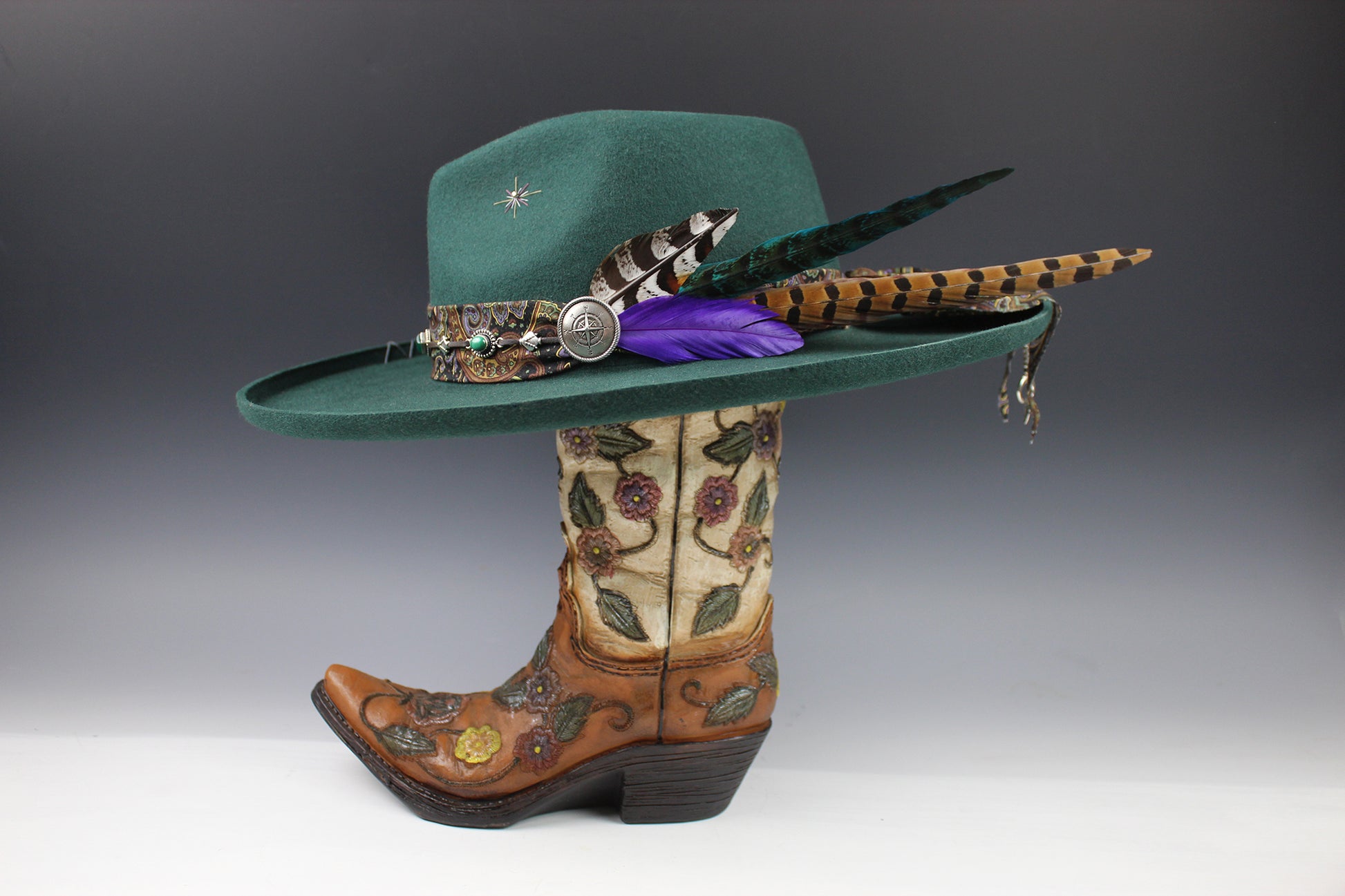 One Off Custom Fedora: Green Wool Felt Wide Brim Fedora Hat Paisley Band Size Medium 57cm