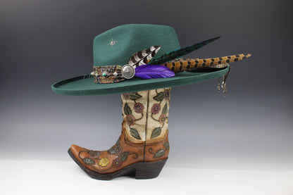 One Off Custom Fedora: Green Wool Felt Wide Brim Fedora Hat Paisley Band Size Medium 57cm