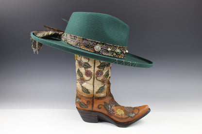 One Off Custom Fedora: Green Wool Felt Wide Brim Fedora Hat Paisley Band Size Medium 57cm