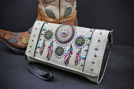Western Cowgirl Clutch Wallet: Cream PU Leather Purse with stitched feather motif